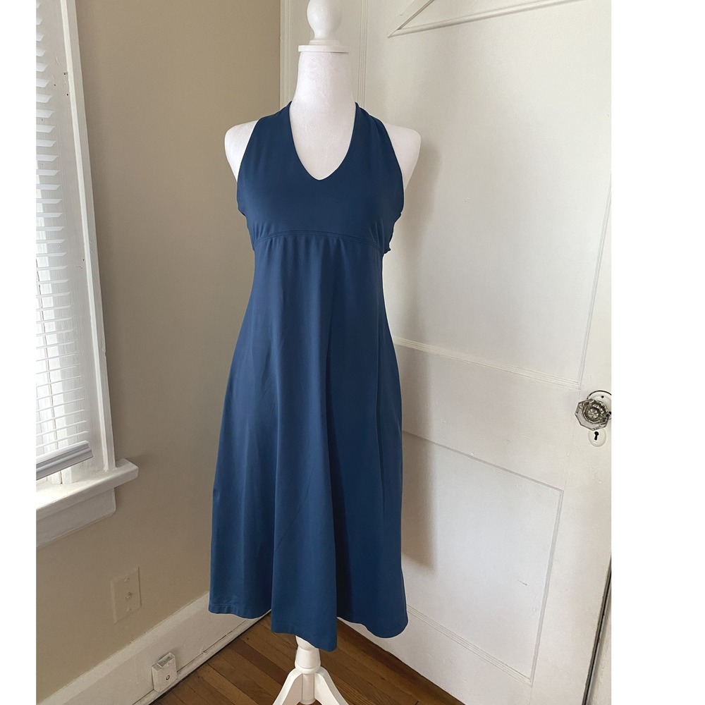 Patagonia Kamala Halter Midi Dress Blue Organic Cotton Tencel Blend Womens M